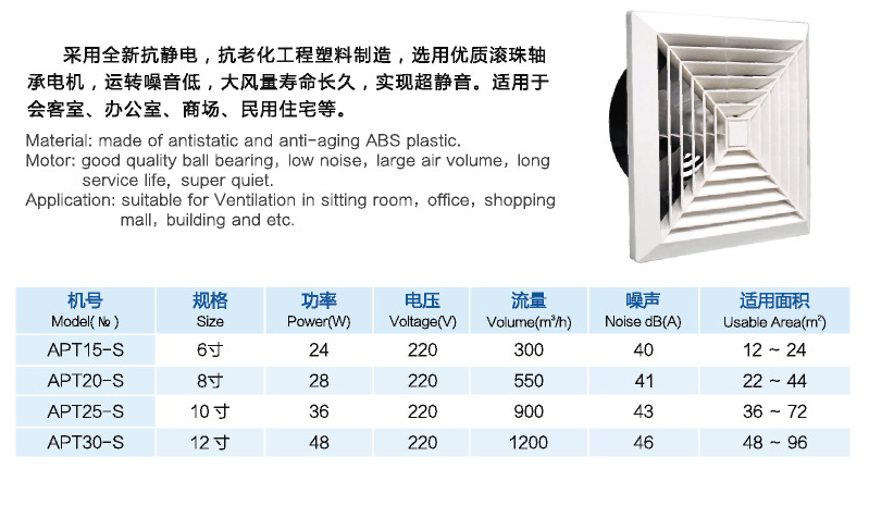 APT係列全塑天花板式換氣扇
